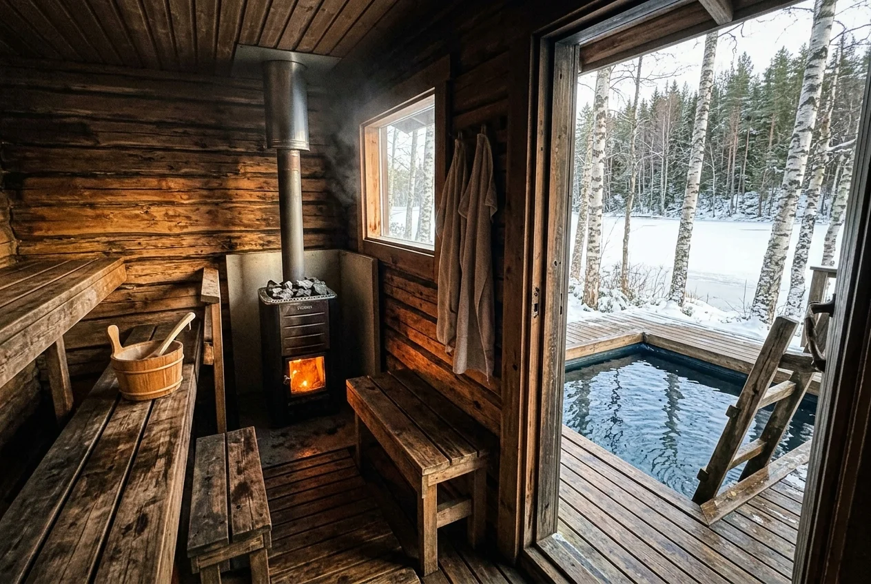 Tradiční finská sauna a ochlazovací bazének v saunovém centru Čestlice