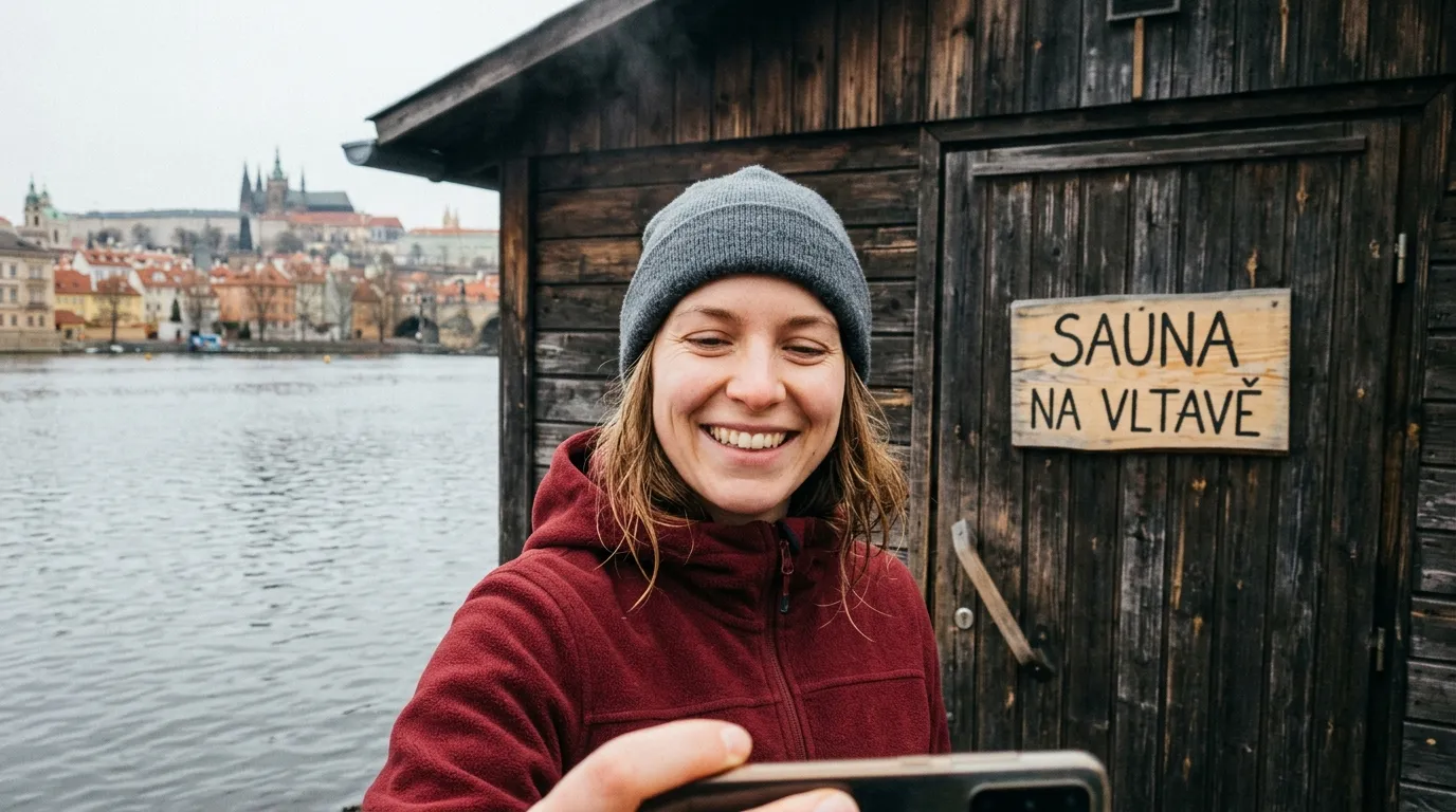 Pohled na finskou saunu a ochlazovací bazének s výhledem na pražskou Vltavu