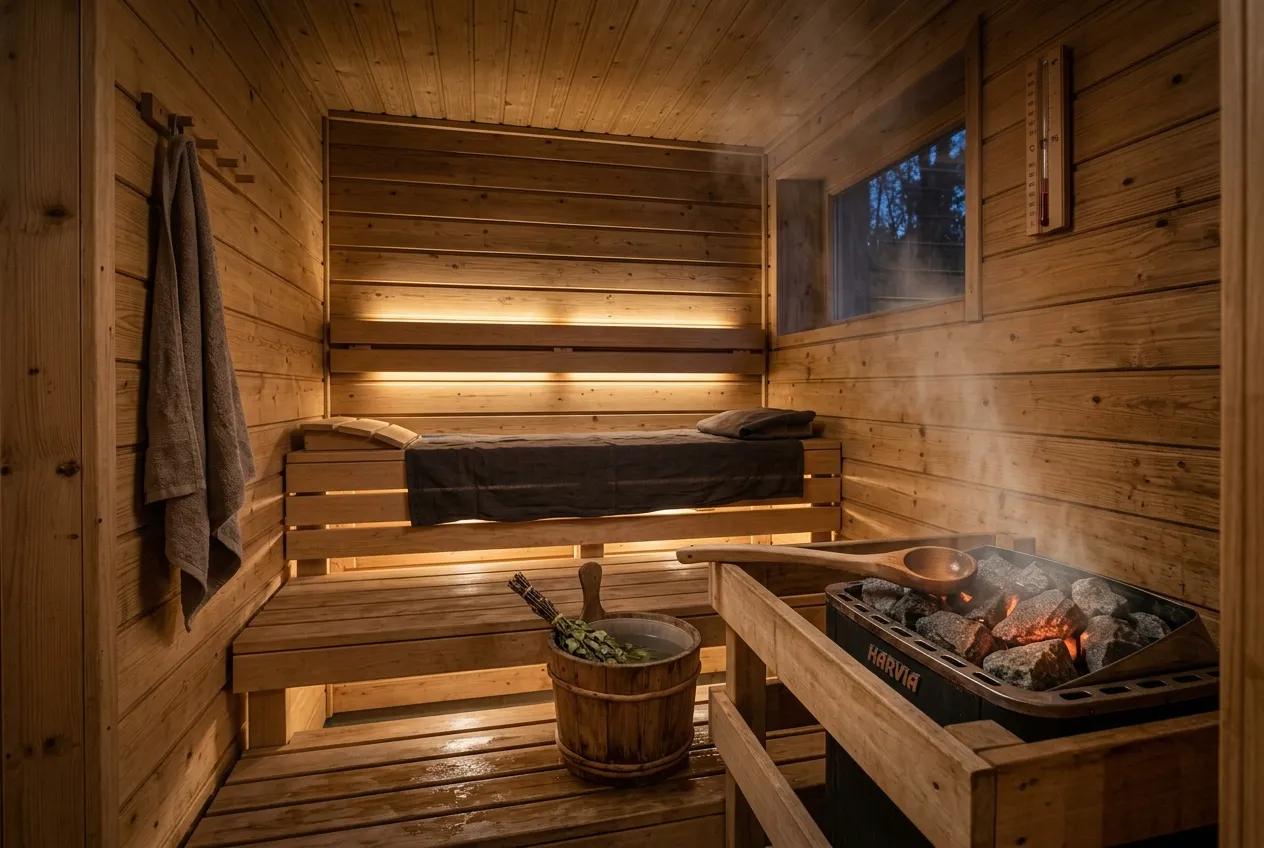 Příjemná finská sauna v Brně Řečkovicích připravená k relaxaci