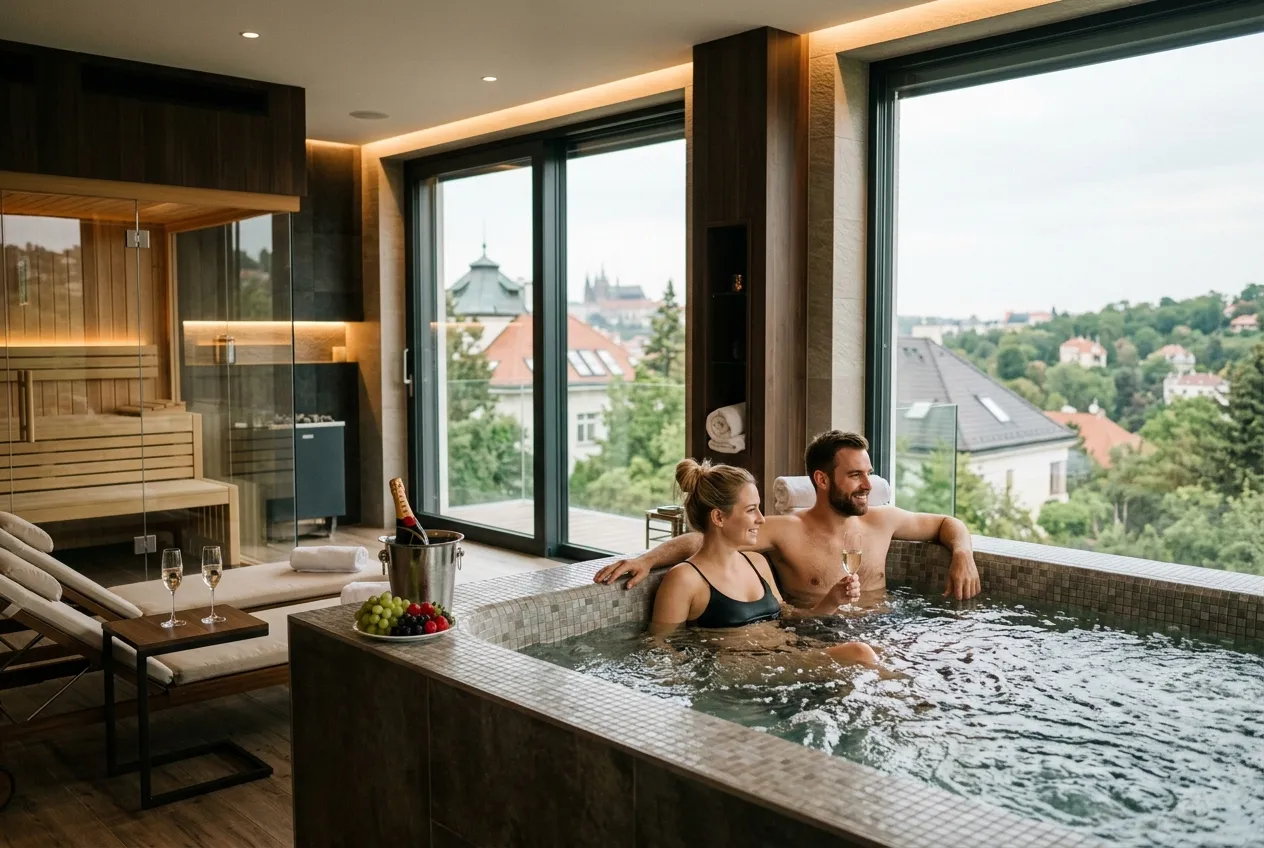 Pár relaxující v moderním privátním wellness centru v Praze 6 - detail