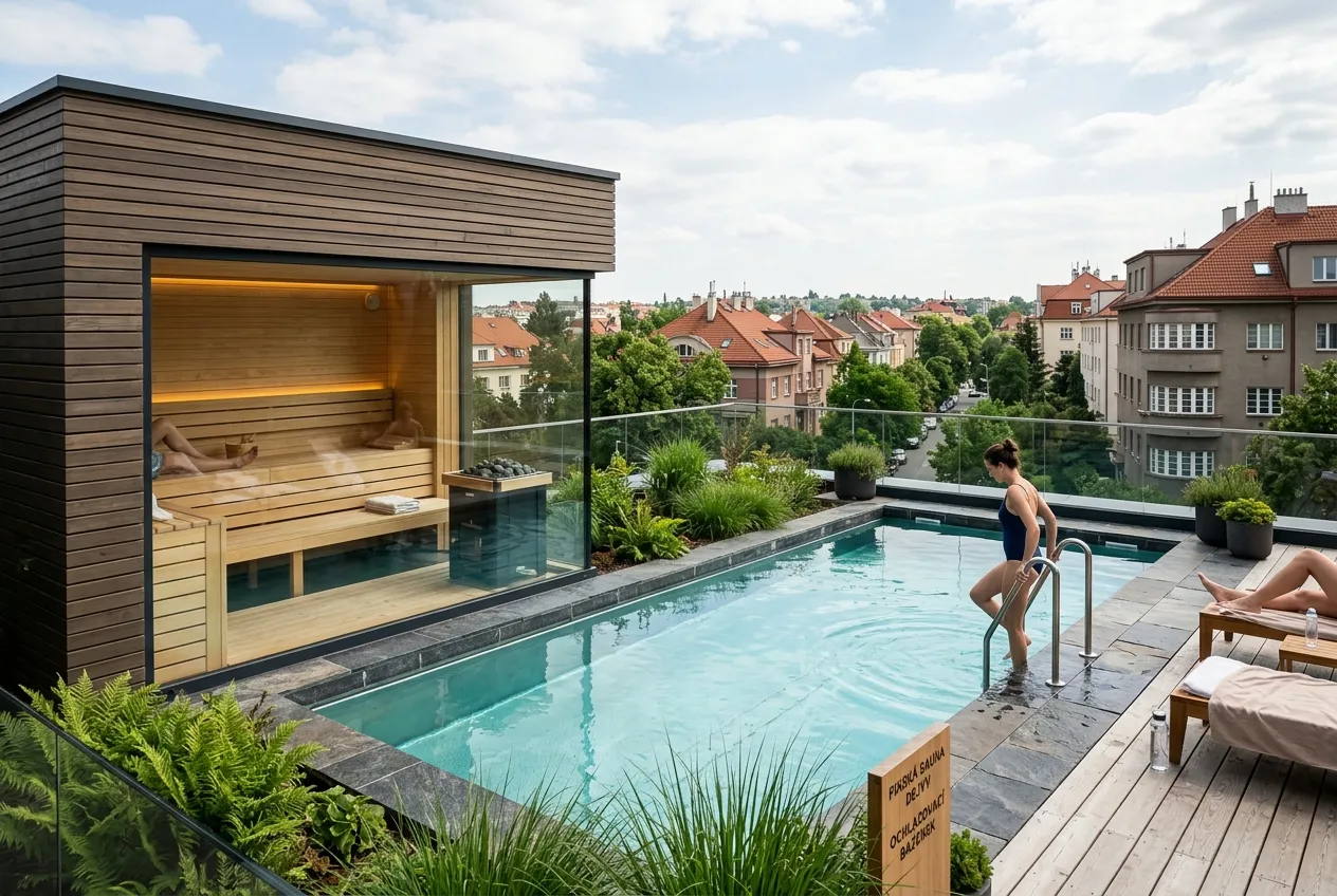 Pár relaxující v moderním privátním wellness centru v Praze 6