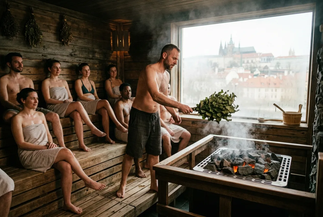 Profesionální saunový mistr provádí ceremoniál v pražském wellness centru - detail