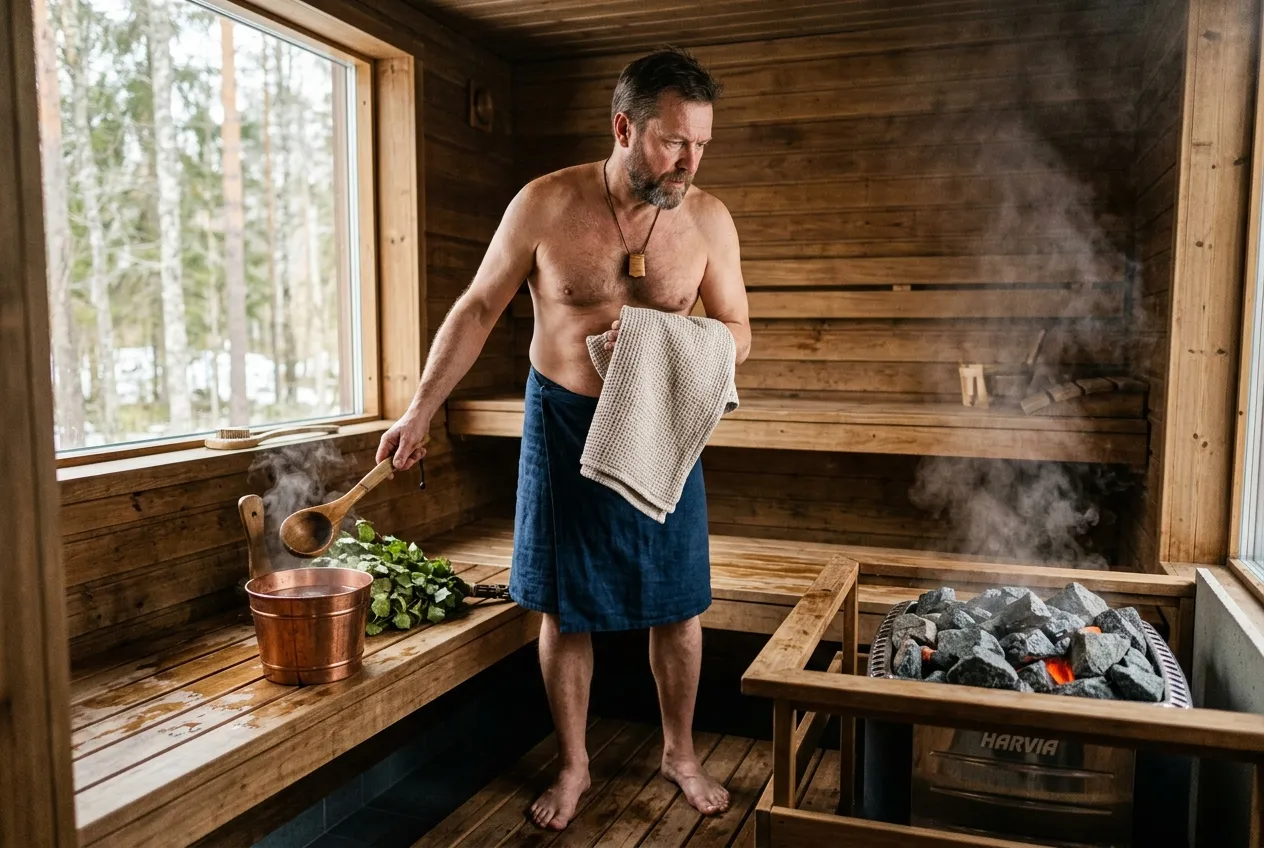 Saunér připravující se na saunový ceremoniál v luxusním pražském wellness