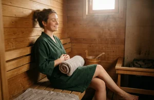 Žena relaxující v sauně s úsměvem během menstruace, využívající teplo pro úlevu od křečí.