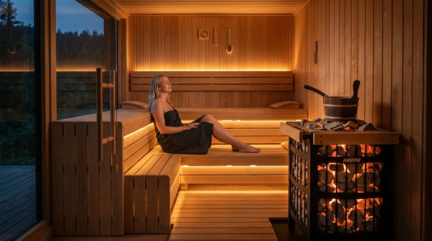 Moderní dřevěná finská sauna Karibu s LED osvětlením